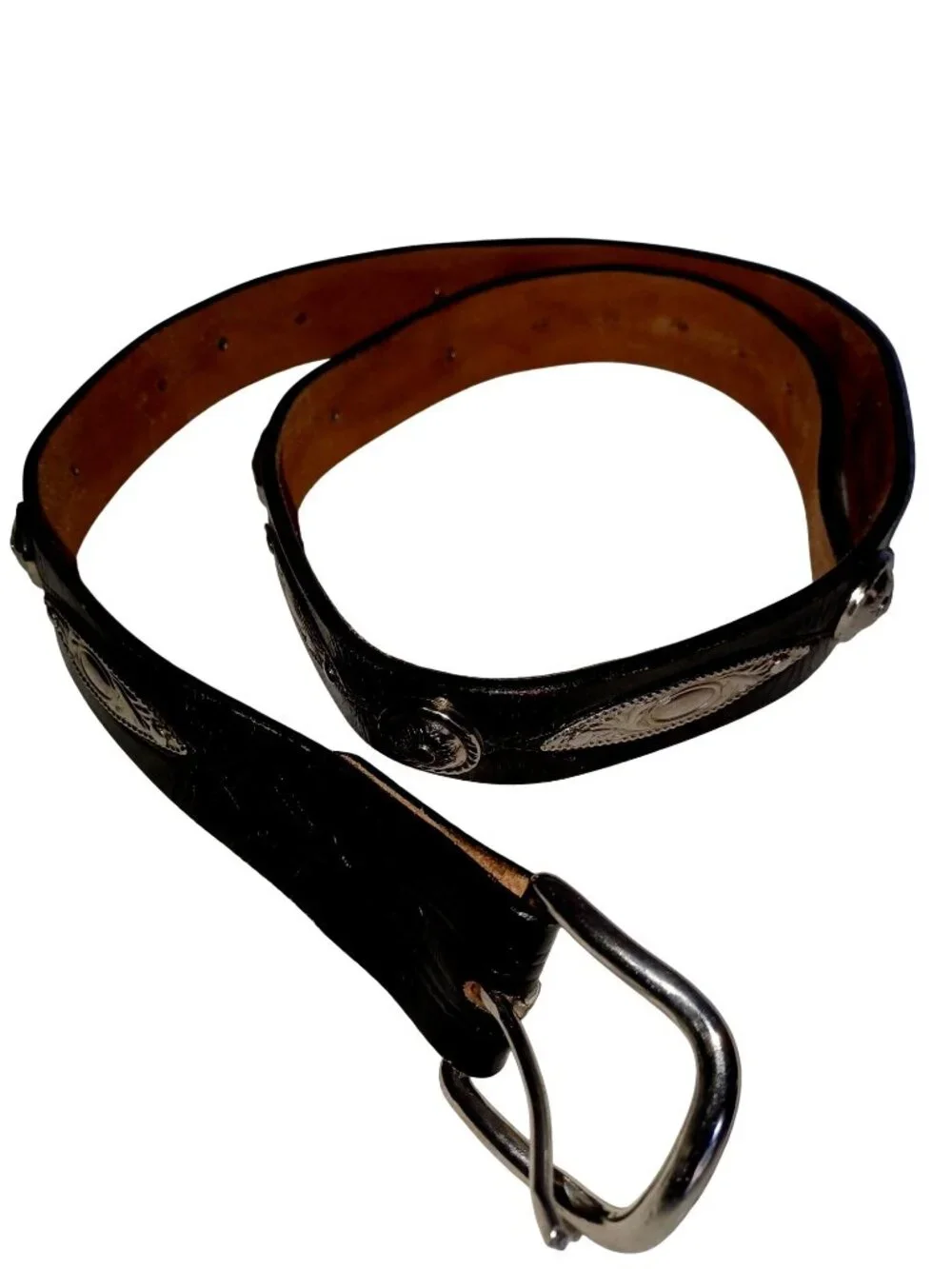 Western Concho Belt Black Leather Silver Buckle Cowboy Rockabilly Mens 40/42
